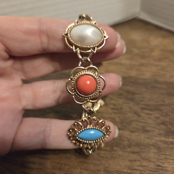 Sarah Coventry Jewelry - Sarah Coventry Vintage Gold Tone Bracelet with Pearl, Coral, and Turquoise